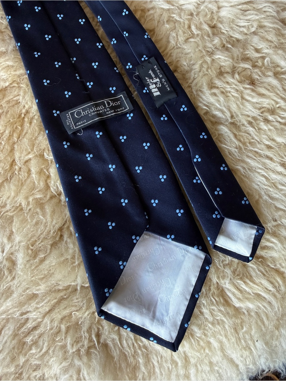 Vintage Christian Dior Men's Navy Blue Silk Tie with Light Blue Dot Pattern